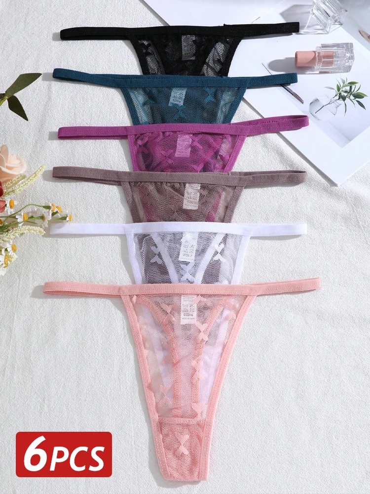 6 Teile/satz Frauen Sexy Spitze Höschen Low-Taille G-String Bikini Weibliche Perspektive Atmungsaktive Unterwäsche Damen Einfarbig Dessous Image