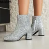 Luxuriöse Damen-Stiefeletten, Gold, Silber, Schwarz, kurzer Stiefel, Reißverschluss, Block, niedrige Absätze, Tanzparty, Winterschuhe, Dame, große Größe 45, Marke