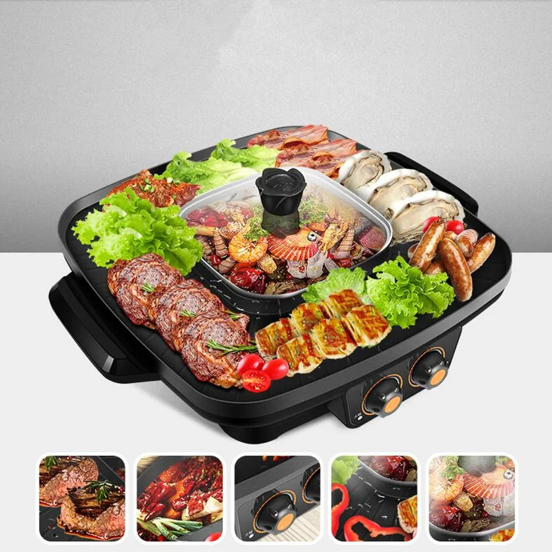 220V Haushalt BBQ Nicht-stick Elektrische Grill Grill 2 In 1 Hot Pot & Fleisch Braten Grill Maschine große Kapazität EU/AU/UK/Us-stecker Image