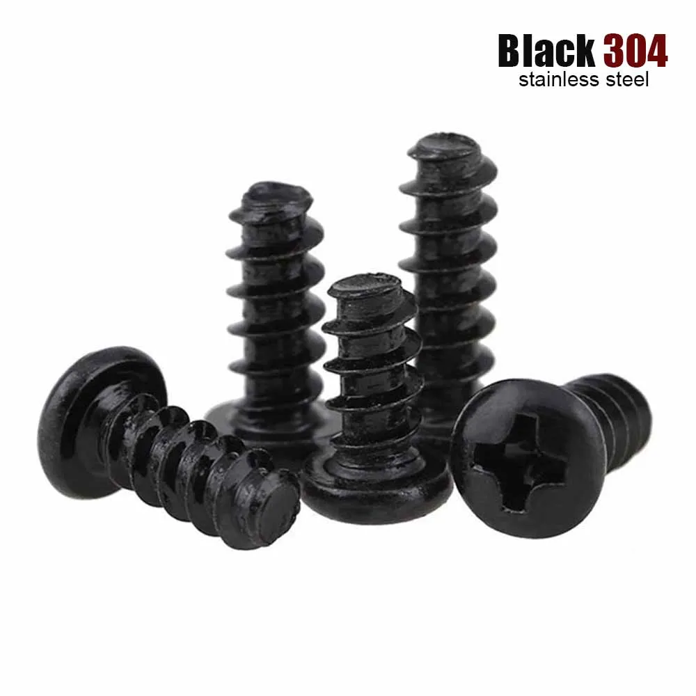 10/50 Stück M1 M1,2 M1,4 M1,7 M2 M2,3 M2,6 M3 M4 M5 Schwarz 304 Edelstahl Kreuz Phillips Rundkopf Selbstschneidende Schraube mit flachem Ende Image
