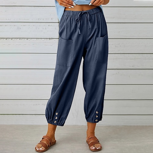 Damen Kunstbaumwollleinen Stoffhosen Palazzo-Hose Streetwear Lässig Knöchellang Natürliche Taille Einfach Tasche Elastisches Kordelzugdesign Bequem Außenbereich Straße Alltagskleidung Ausgehen Image