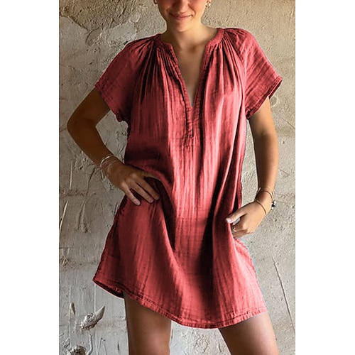 Damen Minikleid Baumwoll Mischung Shiftkleid Basic Modern Täglich Ausgehen Wochenende Normale Passform Einfach Kurzarm V Ausschnitt Schwarz Orange Grün Rose Sommer Image