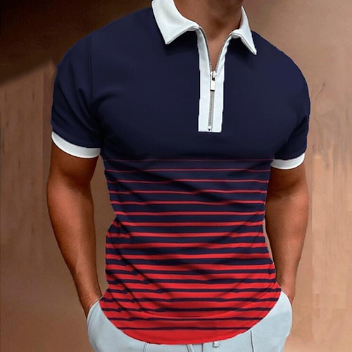 Herren Zip Polo Poloshirt Strasse Casual Klassischer Kragen Viertel Postleitzahl Kurzarm Modisch Strassenmode Farbblock Gestreift Patchwork Zip Sommer Frühling Regular Fit Weiß Marineblau Grün Zip Image