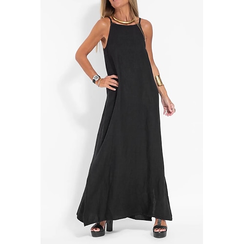 Damen Langes Kleid Maxikleid Baumwoll Mischung Shiftkleid Sommerkleid Baumwoll-Leinen-Kleider Mode Basic Modern Täglich Strand Wochenende Normale Passform Einfach Ärmellos Spaghettiträger Schwarz Image