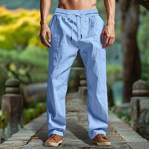 Herren Leinenhosen Hose Sommerhose Strandhose Kordelzug Elastischer Bund Gerader Schnitt Einfach Komfort Atmungsaktiv Volle Länge Outdoor Lässig Täglich Mode Retro Vintage Schwarz Weiß Image