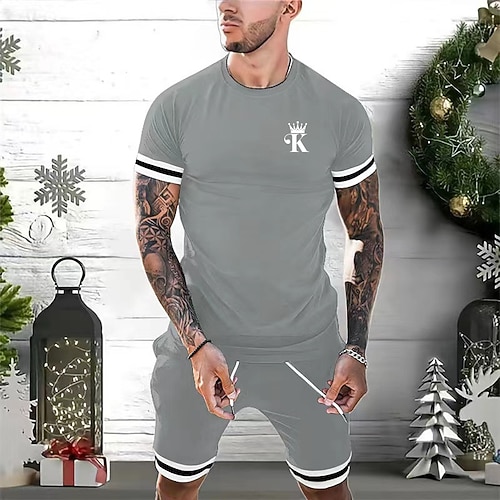 Herren Grafikdrucke 2St T-Shirts-Sets T-Shirt Anzüge Shorts und T-Shirt-Set Kurzarm Rundhalsausschnitt Mode Designer Lässig Straße Täglich Sport Druck Sommer Schwarz Weiß Marineblau Image
