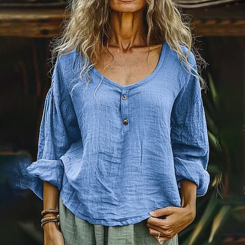 Damen Hemd Baumwoll Mischung Bluse Knöpfe Einfach Basic Modern Lässig Langarm Rundhalsausschnitt Normale Oberteile Täglich Ferien Ausgehen Hellgrün Purpur Grau Leicht Blau Sommer Image