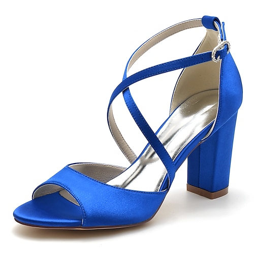 Damen Hochzeitsschuhe Damenschuhe Valentinstagsgeschenke Party Hochzeitssandalen Brautschuhe Brautjungfernschuhe Blockabsatz Peep Toe Elegant Mode Satin Kreuzriemen Silber Wein Schwarz Image