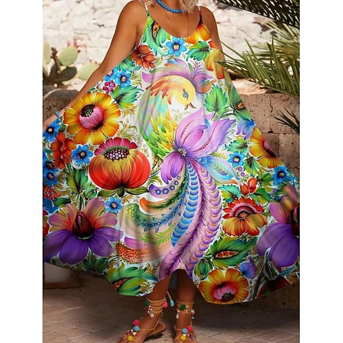Damen Midikleid Sommerkleid Unterkleid Figurbetontes Kleid Schulterfreies Kleid Urlaub Lässig Boho Kalter Schulter-Ärmel Urlaub Party Lässig überdimensional Blumen Grafik Ärmellos Träger Wei Image