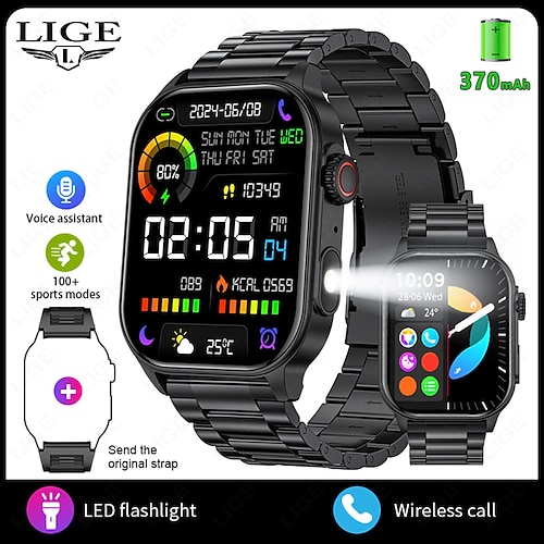 LIGE BWKM02 Smartwatch 1.96 Zoll Smartwatch Fitnessuhr Bluetooth Anruferinnerung Aktivitäts-Tracker Wecker Kompatibel mit Android iOS Damen Herren Freisprechanrufe Wasserdicht Nachrichtenerinnerung Image