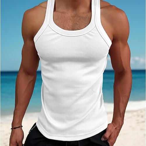 Herren Tank Top Weste Unterhemd Muskelshirt Ärmellos Platz Sommer Einfach Mode Streetwear Bodybuilding-Fitness Gerippt Strand Hausbekleidung Weiß Top T-Shirt für Herren Image