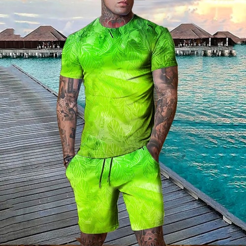 Herren Grafik Blatt Pflanze 2St T-Shirts-Sets Shorts und T-Shirt-Set T-Shirt-Outfits Kurzarm Rundhalsausschnitt Designer Lässig Bequem Outdoor Urlaub Täglich 3D-Druck 2 teilig Frühling Sommer Blau Image