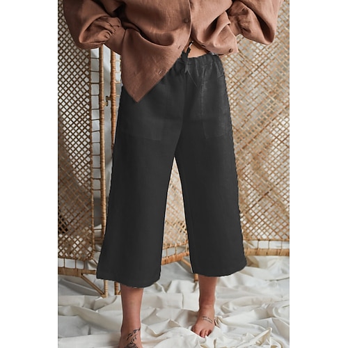 Damen Hose aus Baumwollleinen Stoffhosen Abgeschnittene Hose Lässig Komfort Knöchellang Natürliche Taille Einfach Tasche Elastisches Kordelzugdesign Bequem Außenbereich Straße Ausgehen Schwarz Wei Image