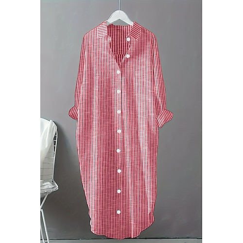 Damen Midikleid Baumwoll Mischung Hemdblusenkleid Mode Basic Klassisch Täglich Ferien Wochenende Normale Passform Gestreift Langarm Hemdkragen Schwarz Rote Sommer Image