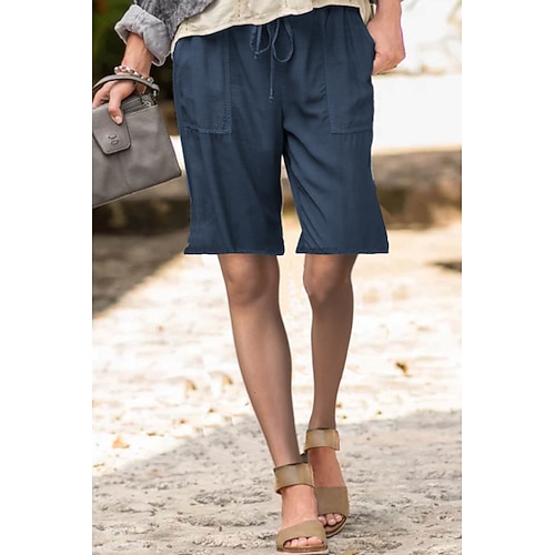 Damen Shorts aus Baumwollleinen Baumwoll Mischung Shorts Stoffhosen Streetwear Lässig Kurz Natürliche Taille Einfach Tasche Elastisches Kordelzugdesign Bequem Außenbereich Straße Alltagskleidung Image