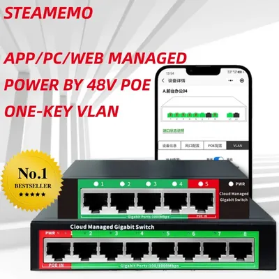 STEAMEMO Cloud-managed Gigabit Ethernet Switch 8 Port Network Switch 48V POE Network Extender
