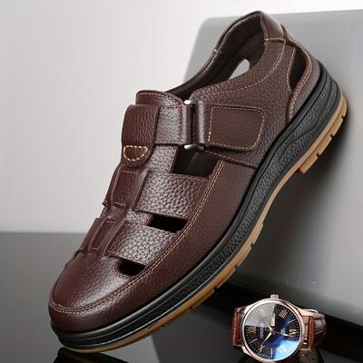 TEMU Men's Top Cowhide Layer Hollow Out Casual Shoes, Slip On Non Slip Comfy Outdoor Walking Shoes, Traveling