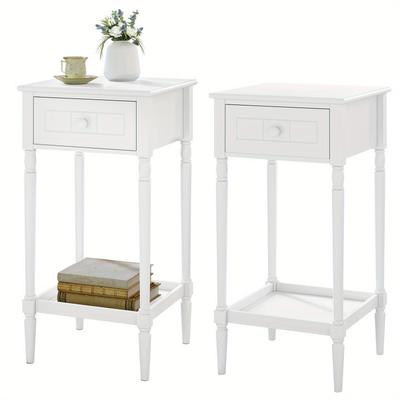 TEMU Narrow Bedside Table With Drawer, Open Shelf, Baroque Side Table, White, 35 X 70.5 X 35 Cm, Sofa Table For Bedroom, Living Room, Solid Wood Legs Image