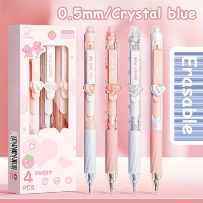 TEMU 4pcs Erasable Gel Pens With , 0.5mm Fine Tip, Ink - Cute Pastel Design With Bow & Strawberry Decor, School, Exams, And Gift-, School Stationery | Cute Gel Pens | Pens, Pens For Writing Image