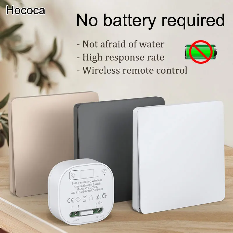 Hococa Keine Batterie erforderlich Drahtloser Fernbedienungsschalter Rf433 MHz Selbstbetriebenes wasserdichtes Panel AC 110 V-250 V Lichtschalter Image