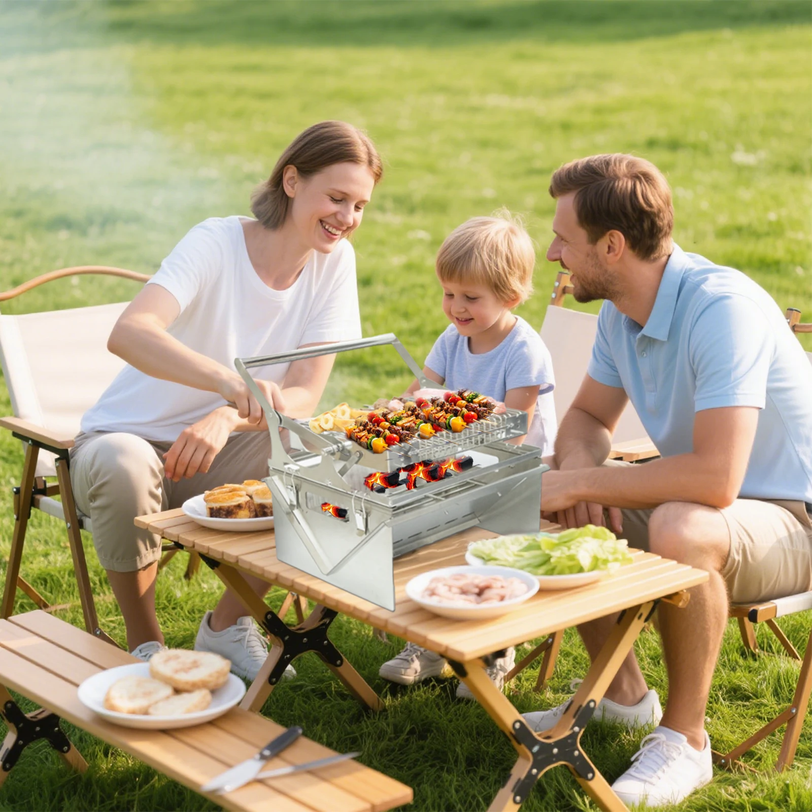 Tragbar 360° ° Rotierender Holzkohlegrill mit umklappbarem Korb – Smoker-Grill aus Edelstahl 304 für Camping, kostenloser Grillbeutel, neues Upgrade Image