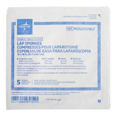 X-Ray Detectable Sterile Lap Sponge, 18" x 18", 5/Tray, 1 PK (MDS231318LFH) 1 Pack Medline