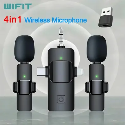 4 In 1 Wireless Lavalier Microphone for iPhone Android 3.5mm for radio Live Recording Noise