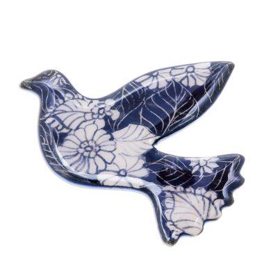 Midnight Dove,'Blue Floral Ceramic Dove Brooch from Thailand'