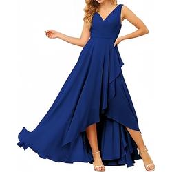 Elegantes V-Ausschnitt A-Linie Brautjungfernkleid Ärmellos Asymmetrische Chiffon-Rüschen und Raffungen