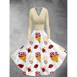 Damen-Midikleid mit Vintage-Herzen-Grafikdruck V-Ausschnitt langen Ärmeln für Valentinstag und den Alltag