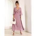 Elegantes Maxi-Sommerkleid aus Chiffon für Damen mit Rüschen und gedrehtem V-Ausschnitt ausgestellten 3 4-Ärmeln – Perfekt für Hochzeitsgäste