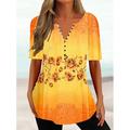 Damen Henley-Shirt mit Blumendruck und Knopfleiste T-Shirt Basic Rundhalsausschnitt kurzärmelig Tunika Urlaub Wochenende