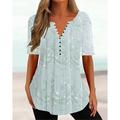 Damen Henley-Shirt mit Blumendruck und Knopfleiste T-Shirt Basic Rundhalsausschnitt kurzärmelig Tunika Urlaub Wochenende