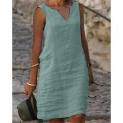 Damen Freizeit Baumwoll Shift Midi Kleid Ärmellos V-Ausschnitt Frühling Sommer Lockere Passform Einfarbig Alltag Wochenende
