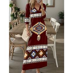 Lässiges Maxikleid für Damen mit V-Ausschnitt langen Ärmeln A-Linie Blumenmuster Tribal-Print Taschen Vintage-Stil Ethno-Stil Herbst und Winter ideal für Verabredungen oder den Urlaub