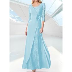 Formelles bodenlanges A-Linien-Kleid für Hochzeitsgäste 3 4-Ärmel V-Ausschnitt Chiffon Stickerei Herbst Black Tie Events 2024