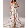 Herzblatt A-Linie Abendkleid Prom Kleid mit Blumenmuster ohne Ärmel Polyester Korsett Sweep Pinsel Zug