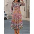 Damen-Vintage-Kleid mit ethnischem Blumen- und geometrischem Druck langärmelig lässig Midikleid für Herbst und Winter Rundhalsausschnitt Tasche perfekt für den Alltag und den Urlaub