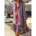 Boho-Strandkleid für Damen langärmelig V-Ausschnitt lockere Passform Print Midikleid moderner Farbblock Outdoor-Alltagskleidung – Sommer 2023