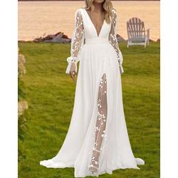 Elegantes A-Linien-V-Ausschnitt Langarm Chiffon Hochzeitskleid für Strandhochzeiten mit Schleppe 2025