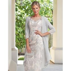 Elegantes zweiteiliges Etuikleid mit Rundhalsausschnitt knielang Chiffon Spitze und Perlenapplikationen 3/4-Ärmel Jacke inklusive 2024