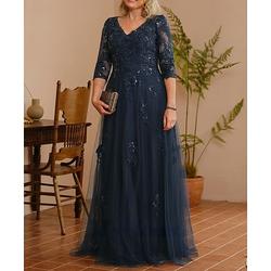Elegantes Spitzen-A-Linie Brautmutterkleid mit Perlen für Hochzeitsgäste V-Ausschnitt bodenlang Tüll 3/4-Ärmel Applikationen
