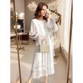 Valentinstag Damen Elegantes Vintage Chiffon Midi Kleid Punktmuster Crew Neck Lange Laternenärmel Lässiges Urlaubsarbeitsoutfit Weiß Frühling Herbst