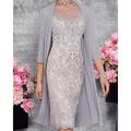 Elegantes Illusion Dekolleté Zweiteiliges Kleid der Brautmutter mit Jacke Spitze Stickerei Knielang 3/4 Ärmel Hochzeitsgast Kirche Etuikleid