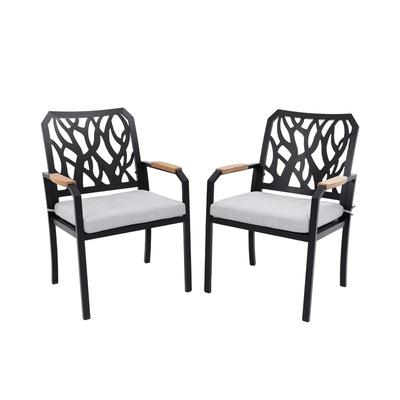 Outdoor Aluminum Dining Chairs with Weatherproof Sunbrella Cushions, Branch Design Back, FSC Wood Arms - Bourbon Finish