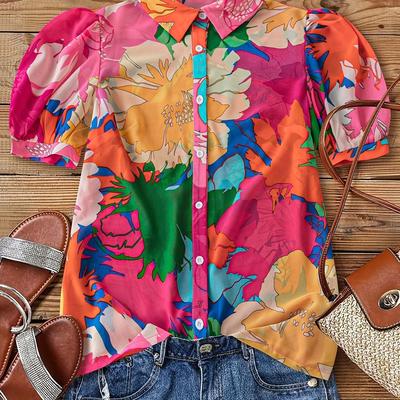 TEMU Women's Vibrant Floral Print Button-up Shirt With Puff Sleeves - Elegant Collar, Lightweight Polyester, Spring/summer Outfits, Ladies T Shirts Image