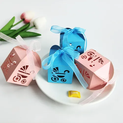 10Pcs Gender Reveal Gift Candy Packing Box Hollow Pink Baby Car Biscuit Box for Wedding Gender Reveal Party Decoration