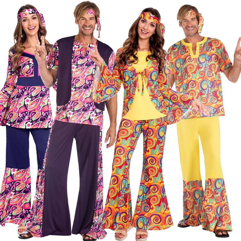 Paar Retro 60er 70er Jahre Hippie Cosplay Halloween Kostüm für Männer Frauen Phantasie Verkleidung Kleidung Party Hippie Rock Disco Nachtclub