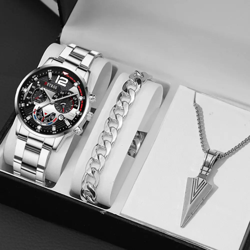 3 teile/satz Mode Männer Uhr Luxus Kalender Quarz Armbanduhr Business Uhren Männlich Armband Halskette Image