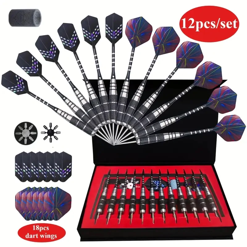 12-teiliges Dart-Set mit Metallspitze. Professioneller Metall-Dart mit rutschfestem Eisenrohr. Aluminium-Dartschaft, Dartspitzer, Geschenkbox Image